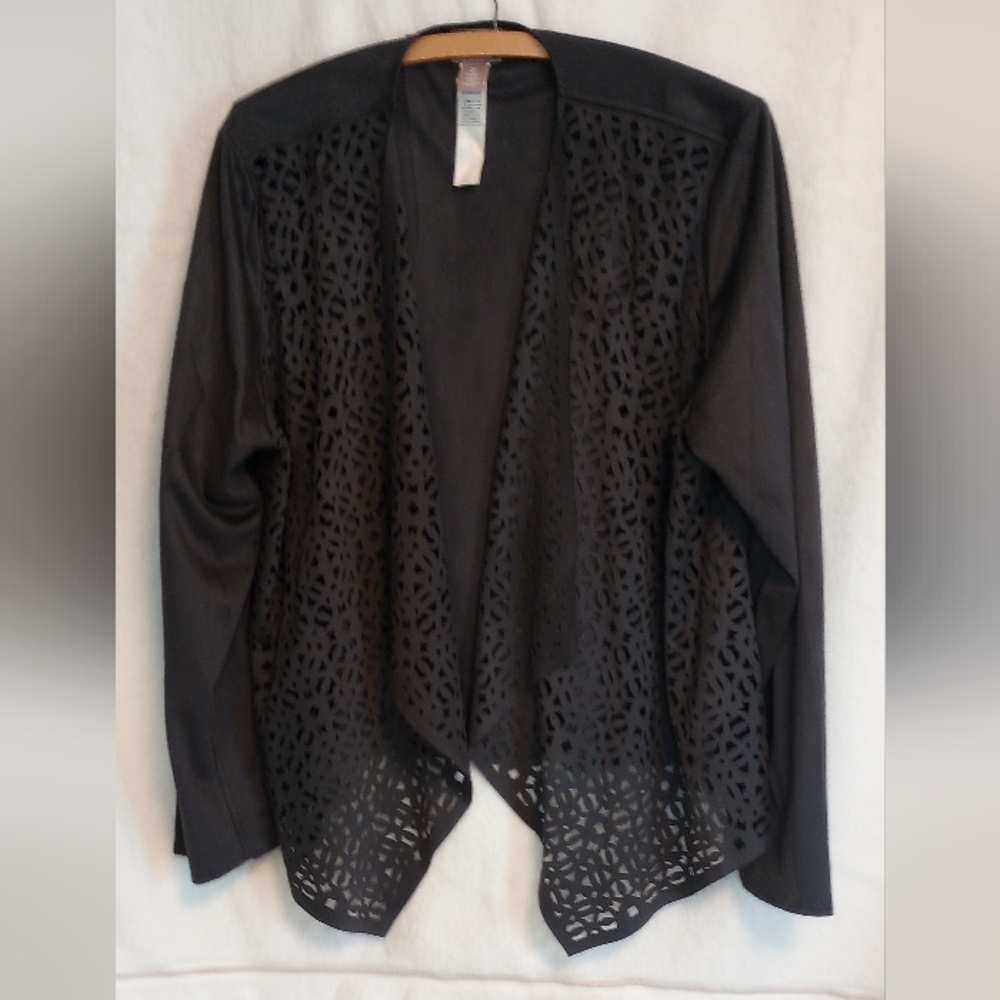 Chico's Women's Laser-cut Faux Suede Open Front Jacket-Size L 12-14 (Chico 2)